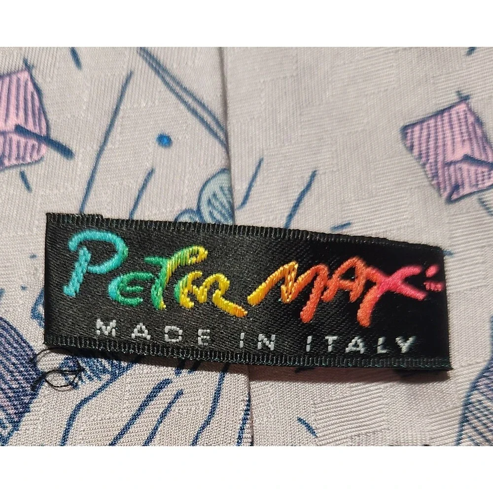 Peter Max Tie 1997 Vintage Gray Silk Classic Art Deco Stylish Man Flowers